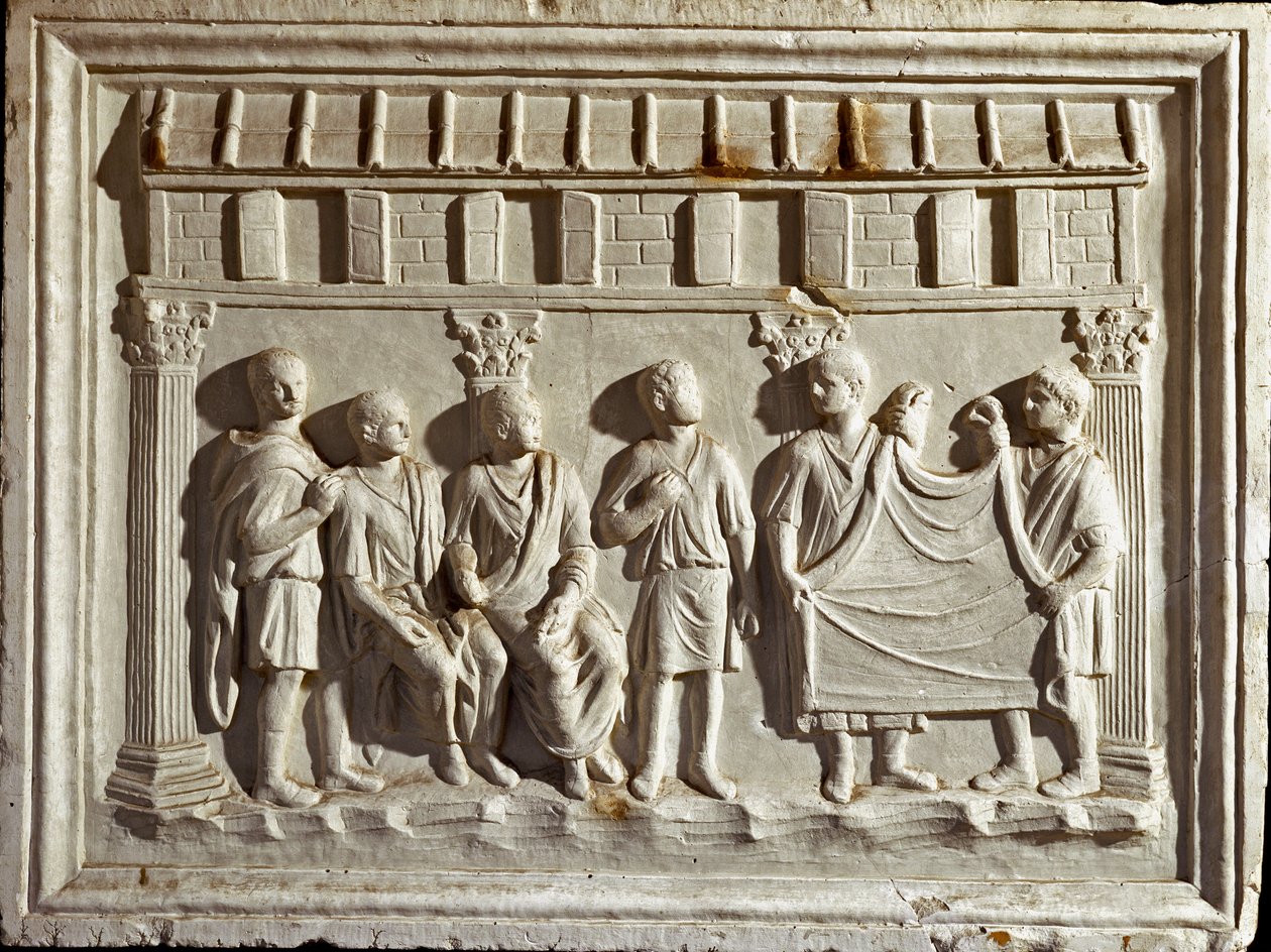 Romersk konst: lågreliefform som representerar ett tyg och gobelänger. Från ett original från 200-talet e.Kr. Rom Museo della Civilta Romana av Roman Roman