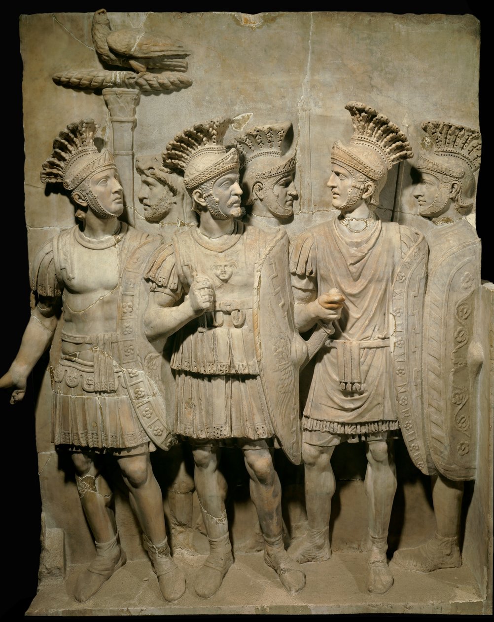Romersk konst: marmorrelief som representerar det pretoriska gardet, legionärer och elitsoldater, Dim. 1,62x1,26 m - Paris, musee du Louvren - Praetoriangardet, legionärer och elitsoldater - Marmorrelief av Roman Roman
