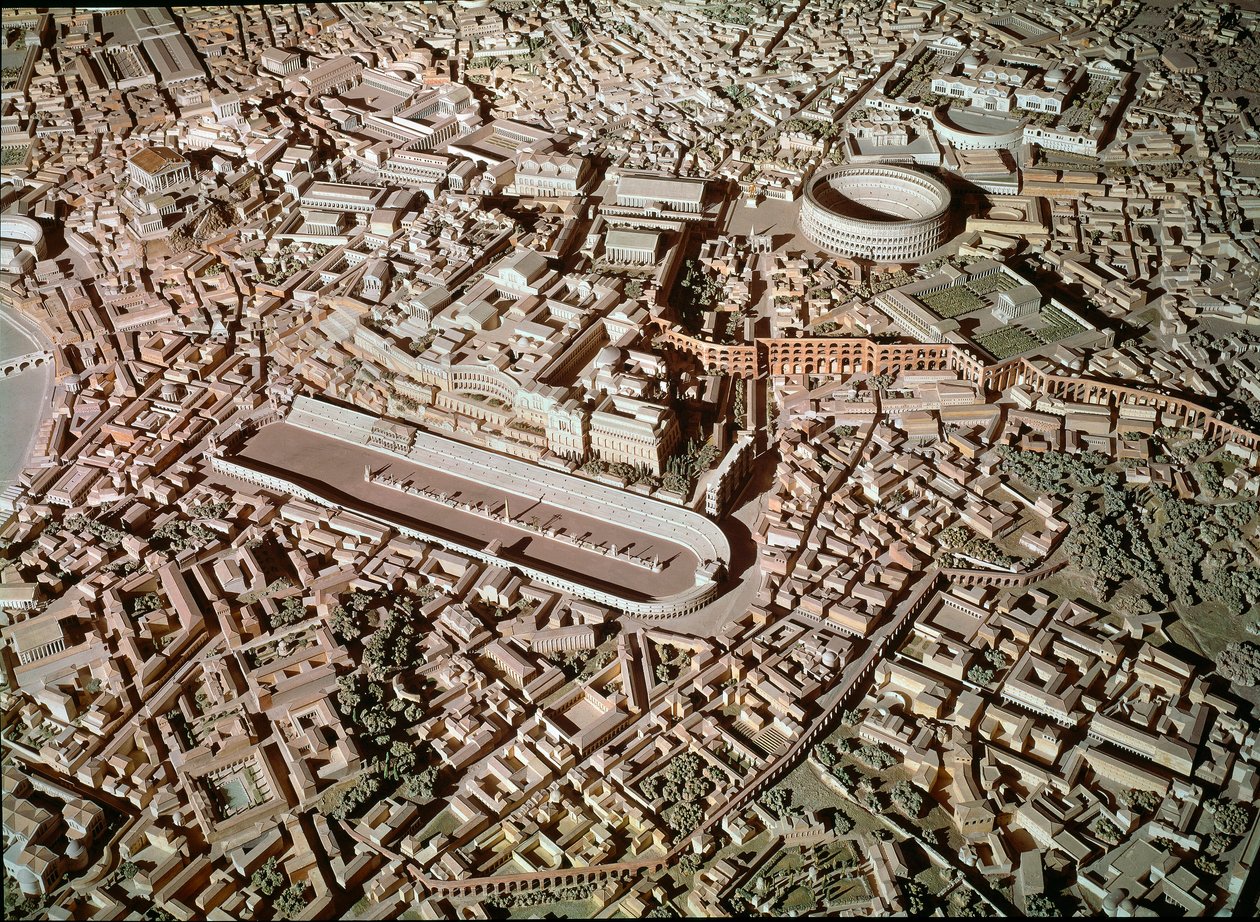 Romersk konst: modell som visar staden Rom under antiken. I centrum reserverar Circus Maximus eller Grand Circus för tankrace. Rom, Museo della Civilta romana - romersk konst. Circus Maximus och etruskiska murar. Detalj från rekonstruktionsmodellen av Roman Roman