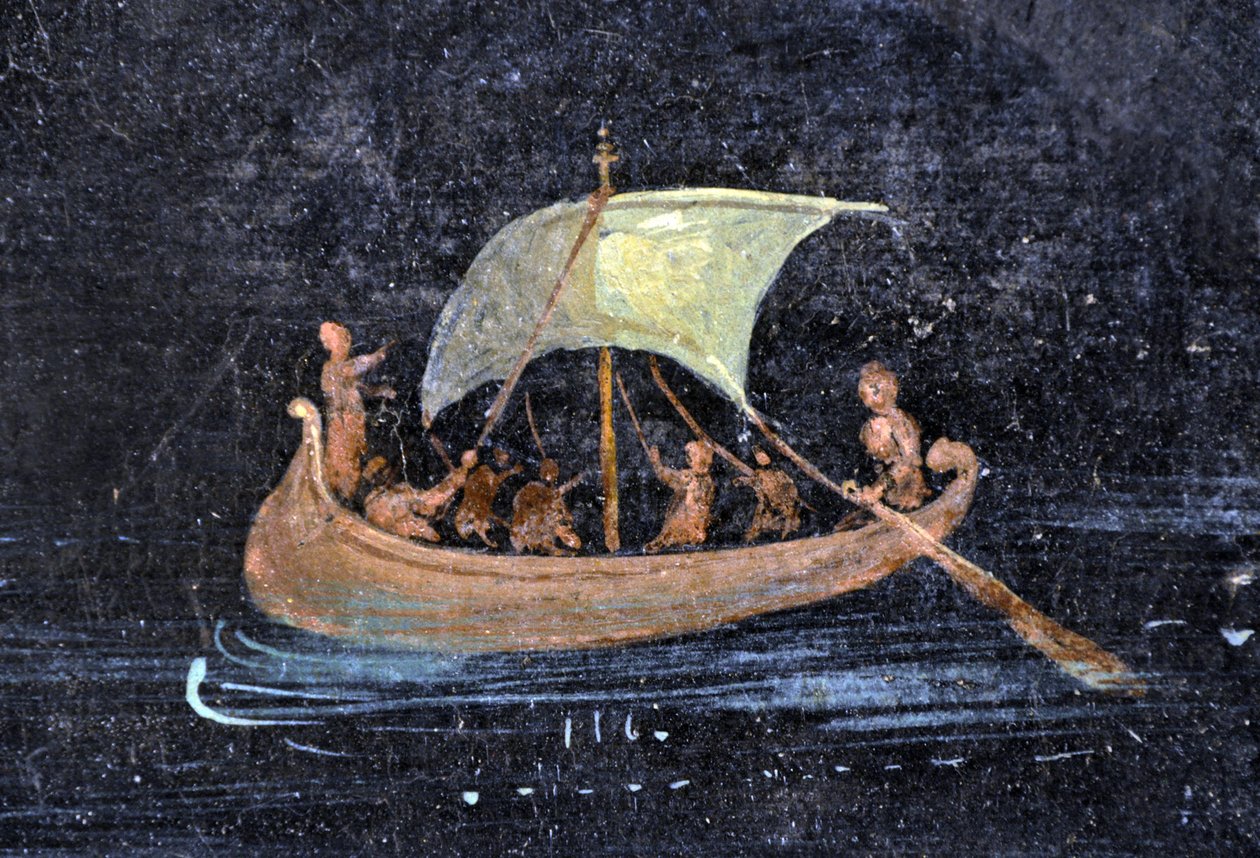 Romersk konst: flodscen - båt och sjömän på en flod (flod) - fragment av en fresk från Pompei bevarad på det arkeologiska museet i Neapel, Italien - Museo Archeologico Nazionale, Napoli, Italien - Foto Patrice Cartier - av Roman Roman