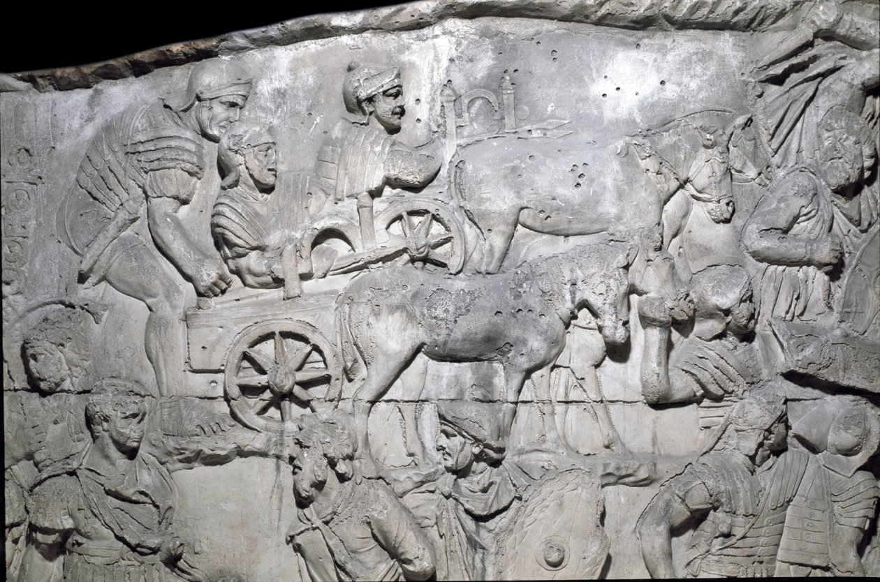 Romersk konst: "" den romerska arméen på gång"" Form från 1862 som återger basrelieferna av Trajanus kolumn (kolonn Trajanus) (Colonna Traiana) i Rom byggd under kejsar Trajanus regeringstid (53-117). Trajane-kolonnen firar minnet av det segerrika campan av Roman Roman