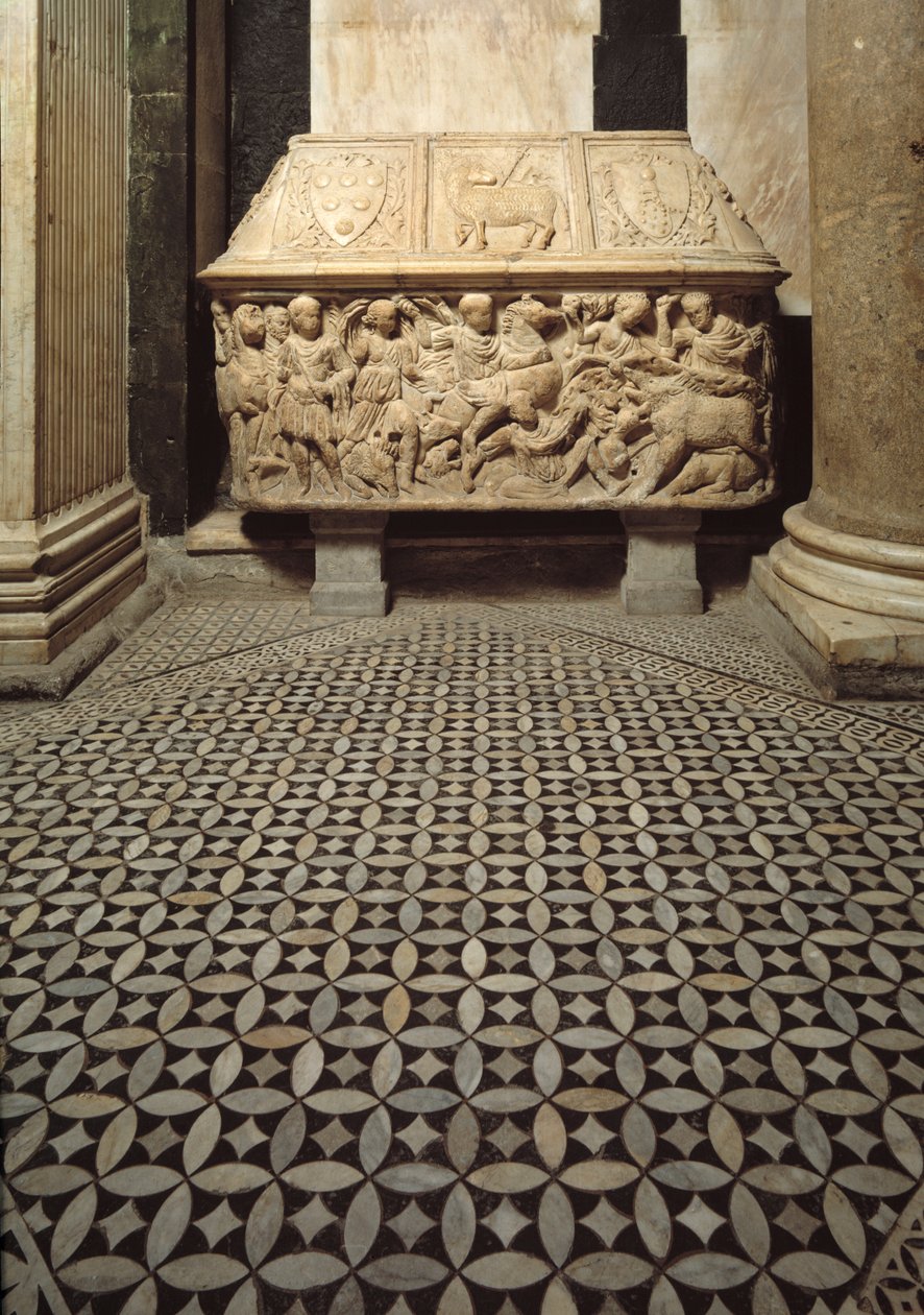 Romersk sarkofag med reliefer av en vildsvinsjaktsscen, lock pryder armarna på familjen Medicis av Roman Roman