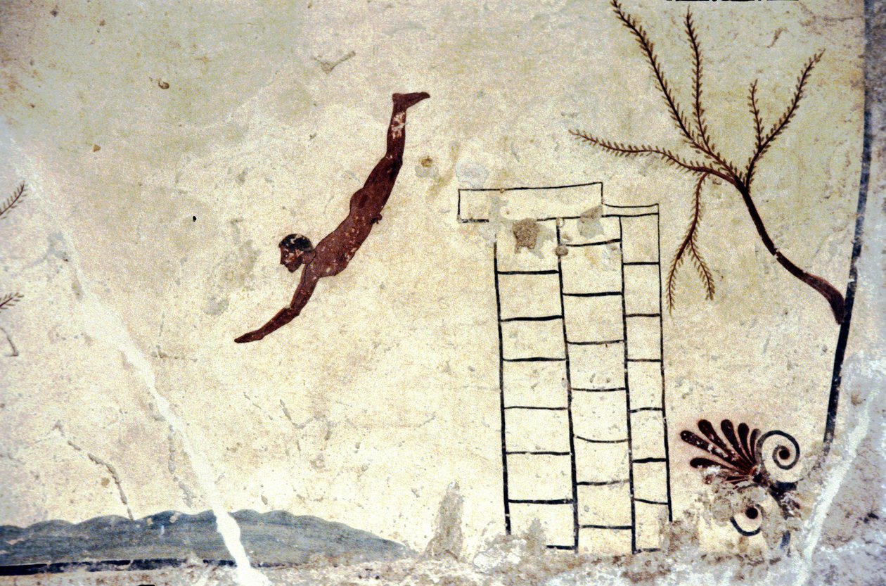Romersk väggmålning av graven som kallas dykaren (tuffatore). av Roman Roman