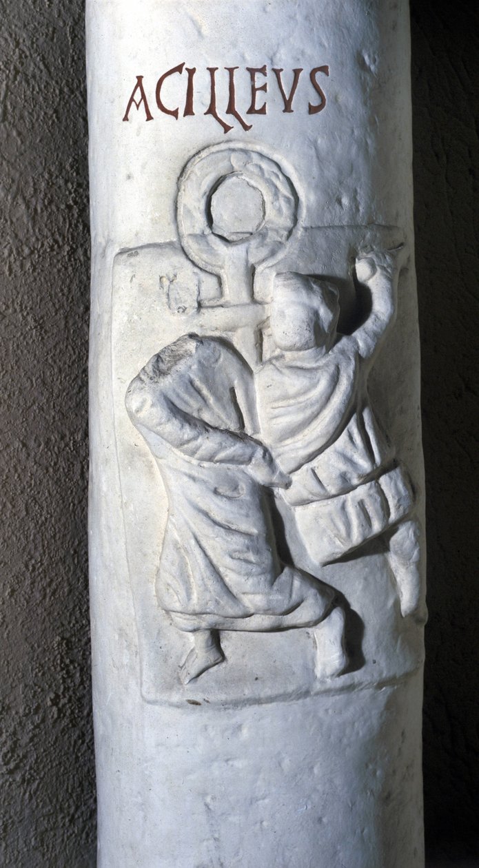 Den helige Akilles, romersk martyr på 300-talet, halshuggen av Caesar för att han inte ville avlägga en ed för att han var kristen. Låg relief av katakomberna från Santa Domitilla till Rom. av Roman Roman