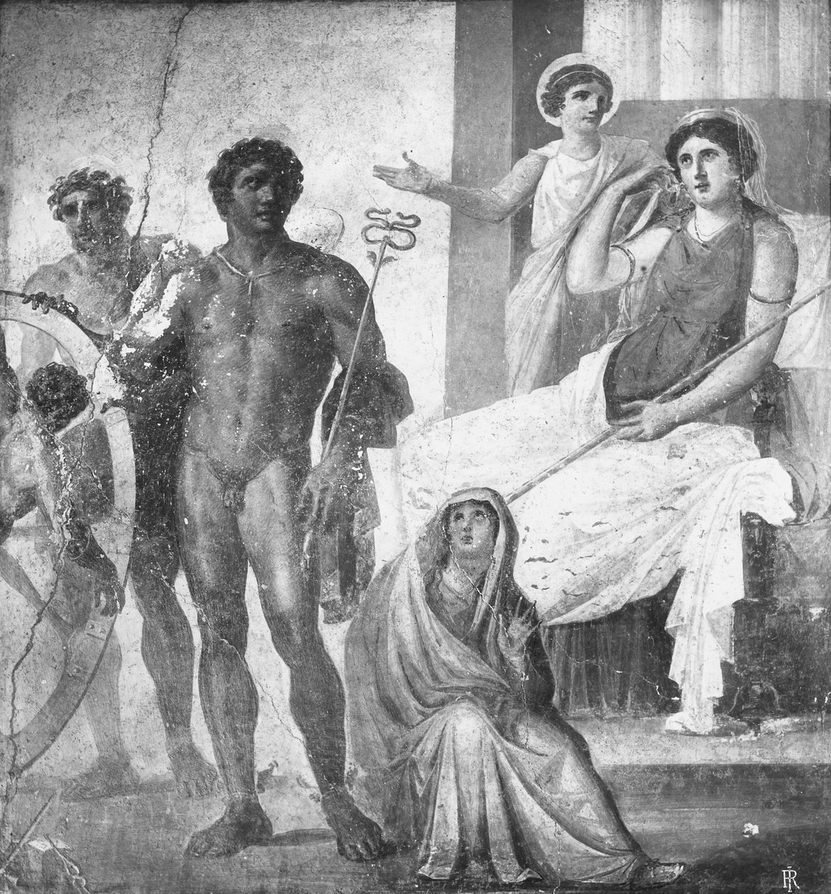 Scen för tortyren av Ixion, detalj från Casa dei Vettii (Vettiis hus) c.63-79 AD (fresk) (s/v foto) av Roman Roman