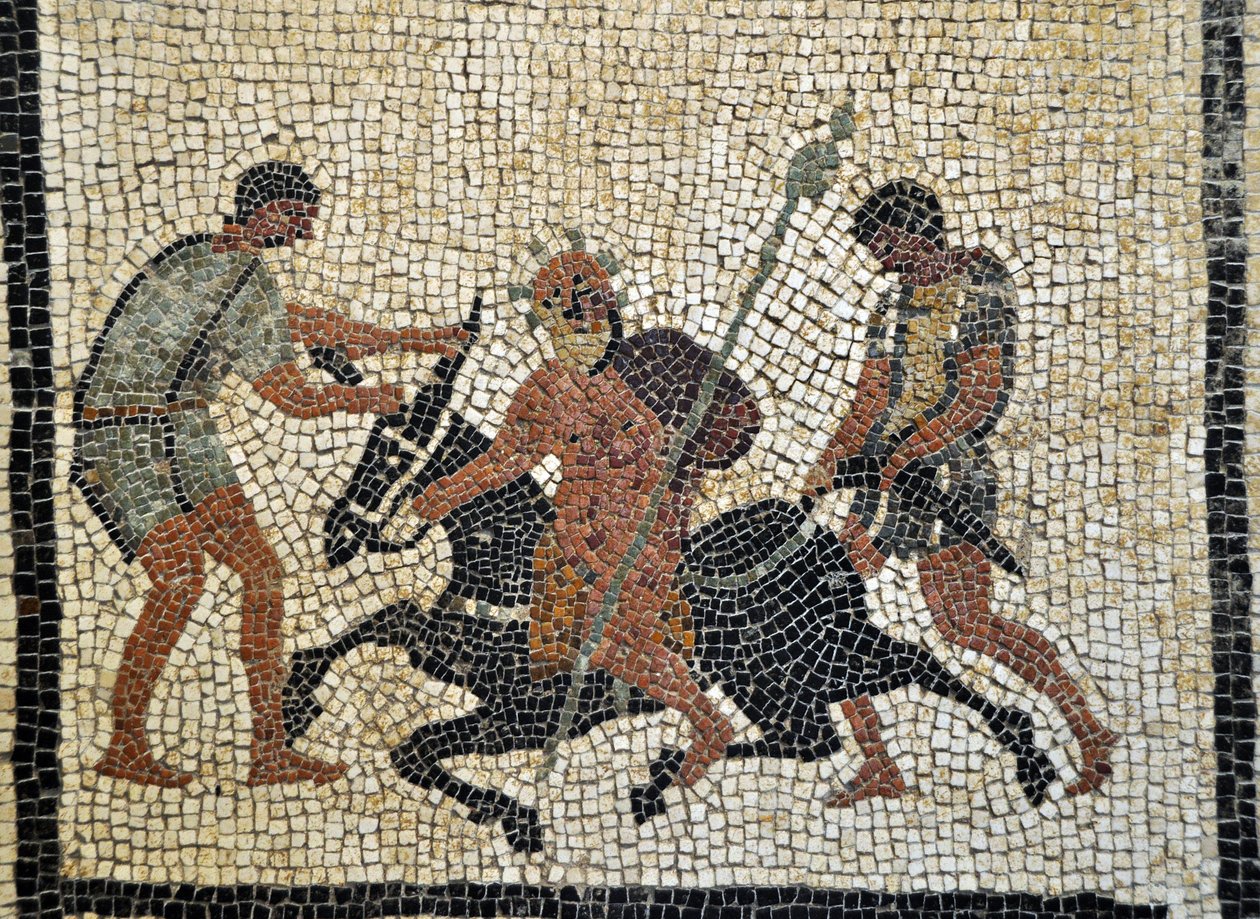 Sileno ebbro: Den berusade Silene rider på en åsna som hålls av två tjänare. Mosaik från Pompei, Paquius Proculus eller C. Cuspius Pansas hus - Arkeologiska museet i Neapel, Italien - Museo Archeologico Nazionale, Napoli, Italia - Foto Patrice Cartier - av Roman Roman