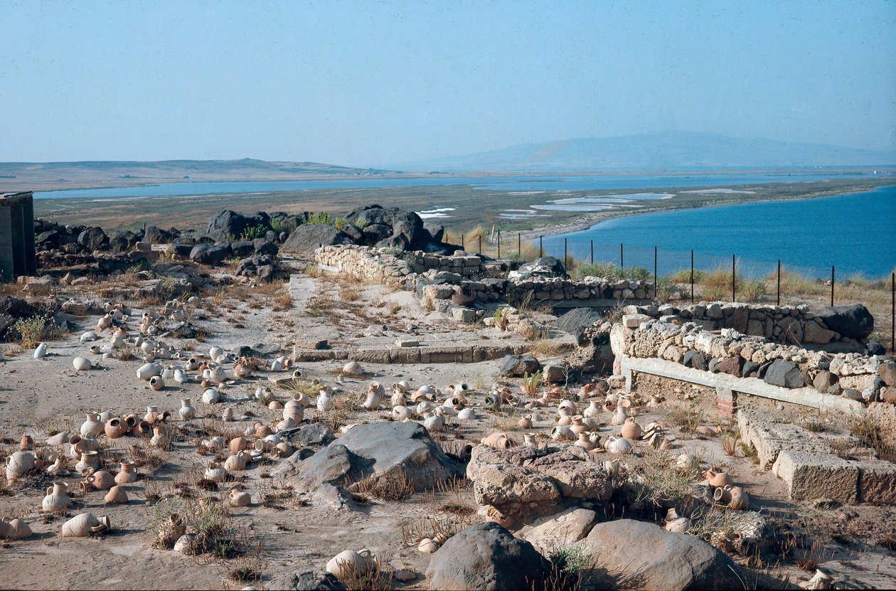 Platsvy över staden Tharros, forntida Punico-romersk hamn, grundad av fenicierna på Sardinien, Italien av Roman Roman