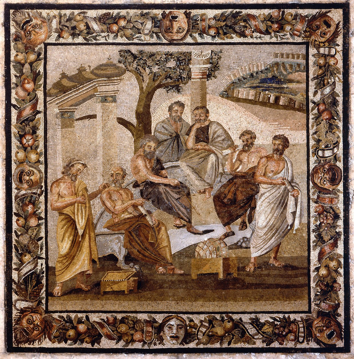 Platons akademi: filosofen som sitter i centrum undervisar en grupp lärjungar från Atens akademi (grundad av honom själv 378 f.Kr.) - Mosaik hittad på Boscotrecase, nu utställd på Nationalmuseet, Neapel av Roman Roman