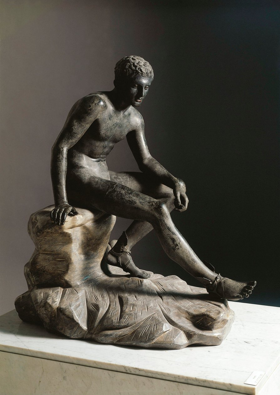 Resten av Hermes romersk bronsskulptur efter ett grekiskt original av Lysippe. Från Ercolano (Herculaneum) Dim. 105 cm Neapel, Museo Archeologico Nazionale av Roman Roman
