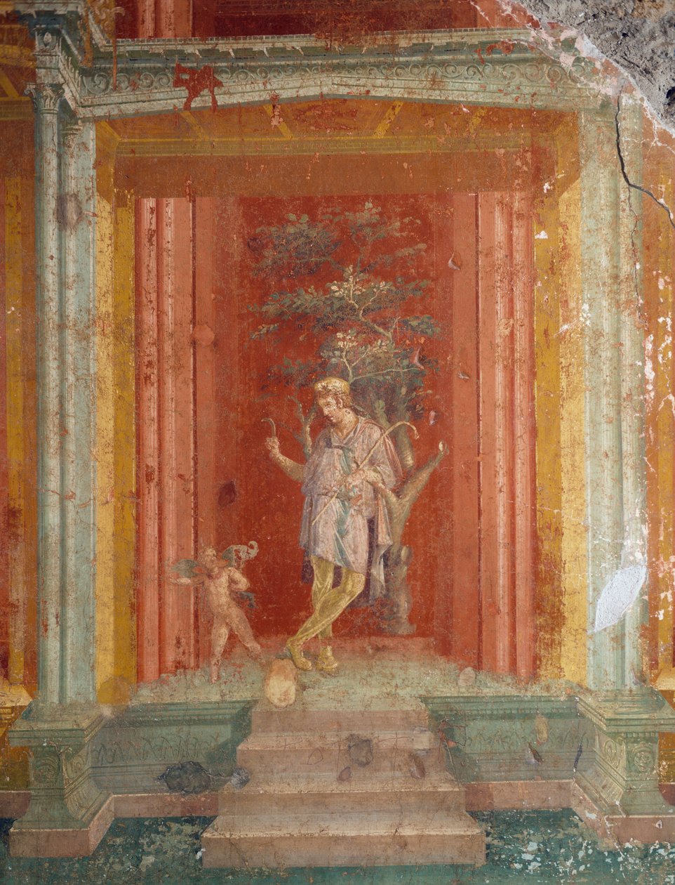 Teaterscen, fresco (IV-stil) mot röd bakgrund från Pinarius Cerialis hus, Pompeji (Unescos världsarvslista) av Roman Roman
