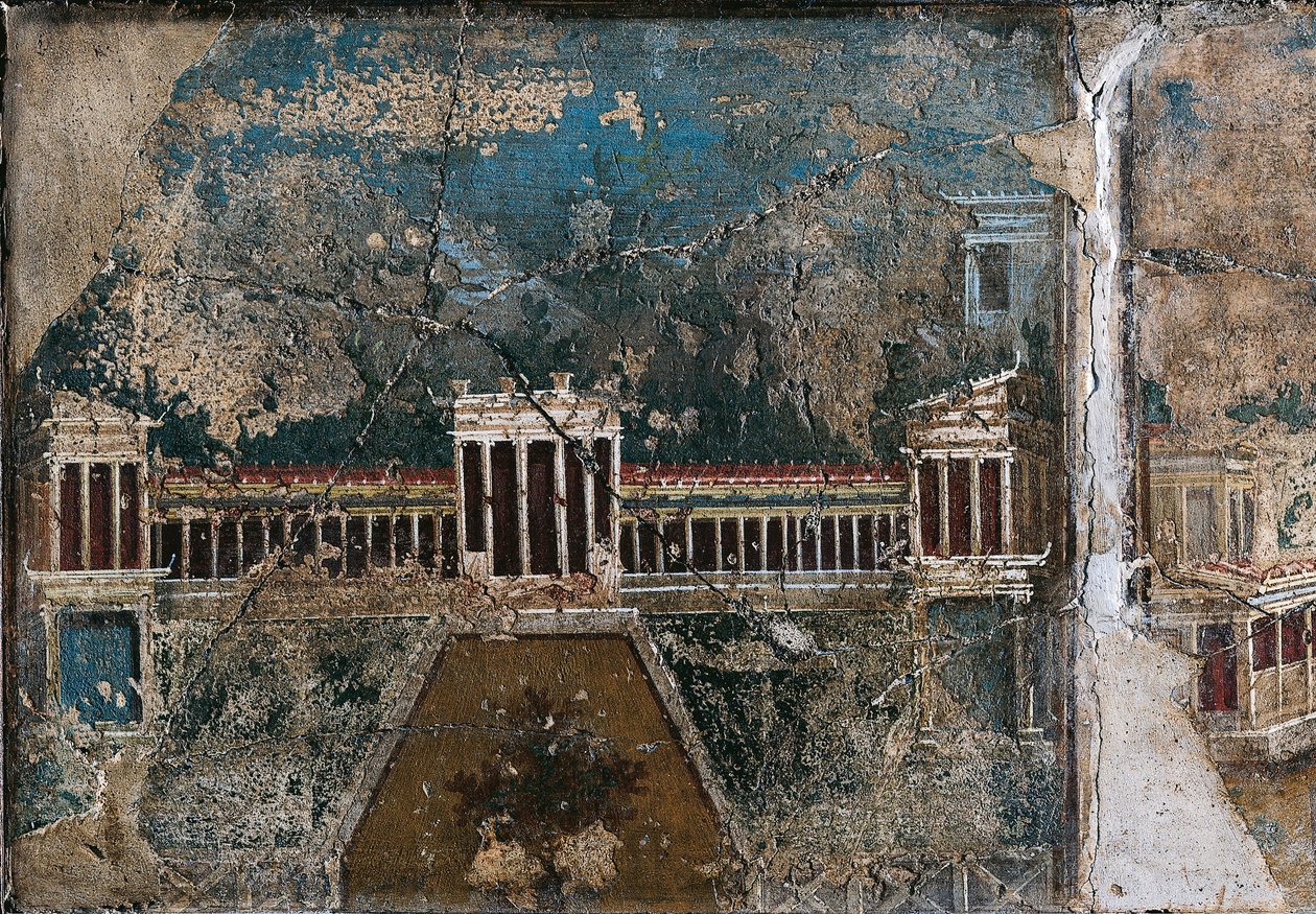 Fresk i tredje stil som visar arkitektoniskt landskap, detalj av byggnaden kantad av pelarförsedd veranda, från Pompei av Roman Roman