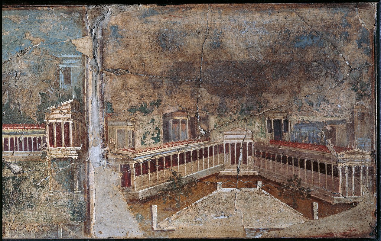 Fresk i tredje stil som visar arkitektoniskt landskap, detalj av pelarförsedd veranda, från Pompeji av Roman Roman