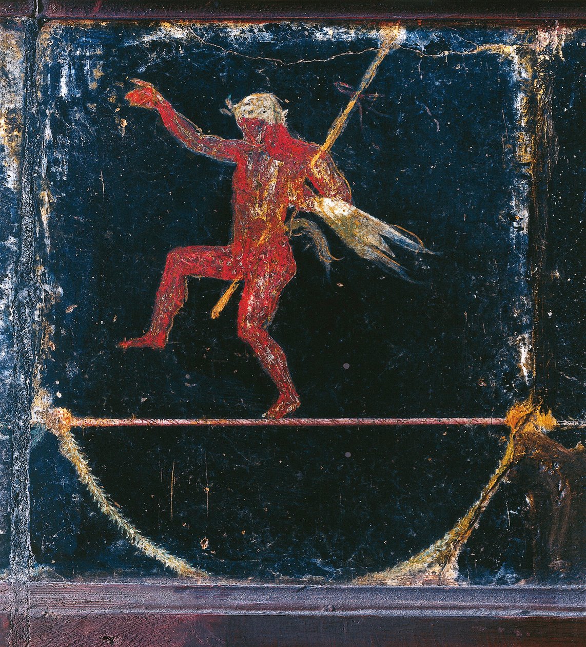 Fresk i tredje stil som föreställer Funambolist Seleni, detalj av Silenus som håller thyrsus, från den så kallade Ciceros villa i Pompeji av Roman Roman