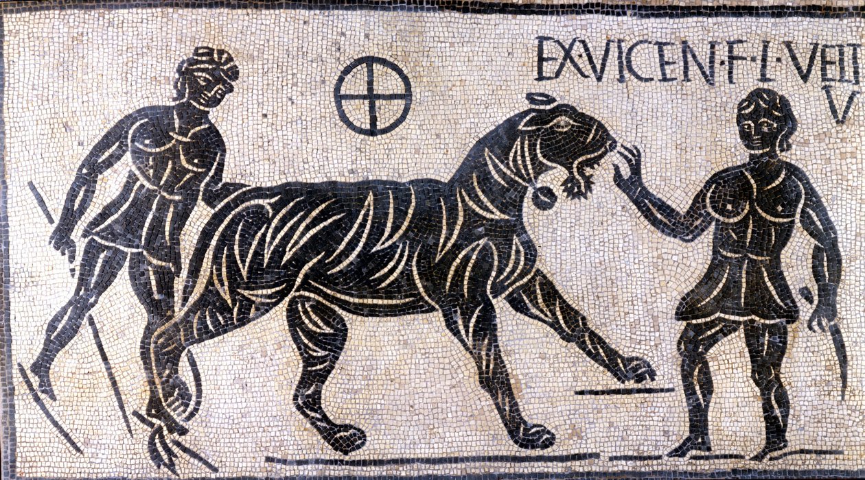 Tigertämjare i Colosseums väggar - romersk mosaik av Roman Roman