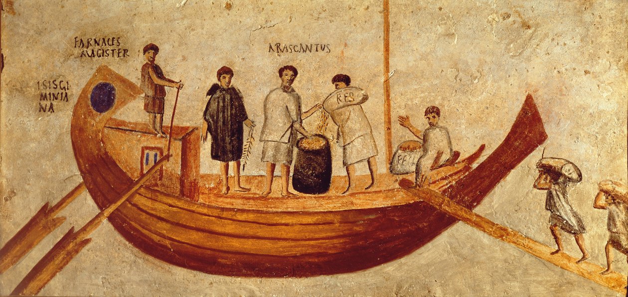 Lossning av spannmål från fartyget, Isis Giminiana, från Ostia, 2:a-3:e århundradet (fresk) av Roman Roman