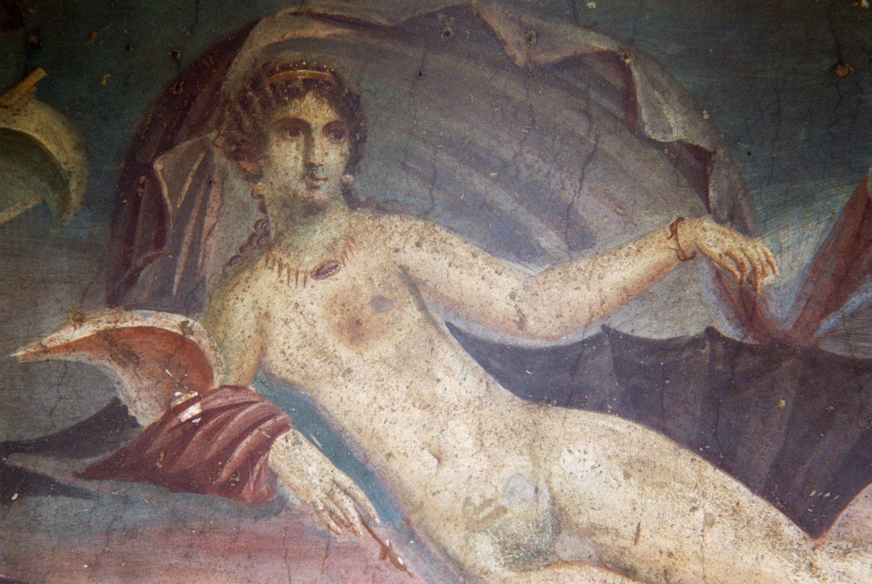 Venus i skal, detalj från fresk i peristylium, Venus hus i skalet, Pompeji (UNESCOs världsarvslista av Roman Roman