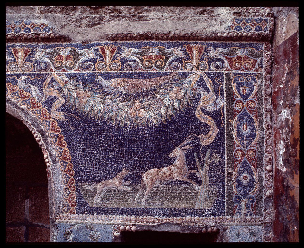Väggmosaiker av nymfaeum i huset Nettuno e Amphitrite, platsen för Herculaneum, 500-talet f.Kr.-1:a århundradet e.Kr. av Roman Roman