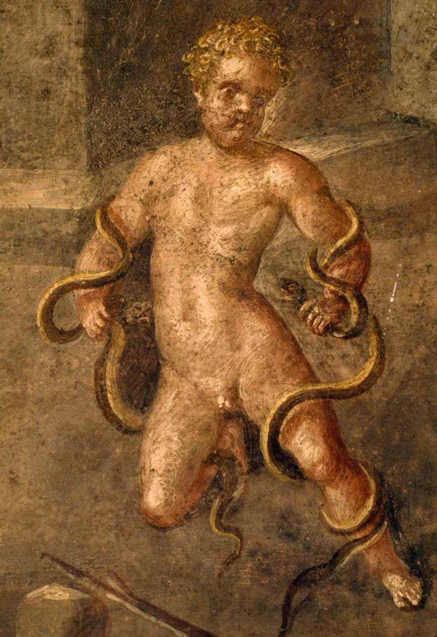 Ung Herakles stryper ormar, detalj av fresk från oecus i House of Vettii, Pompeji (UNESCOs världsarvslista av Roman Roman