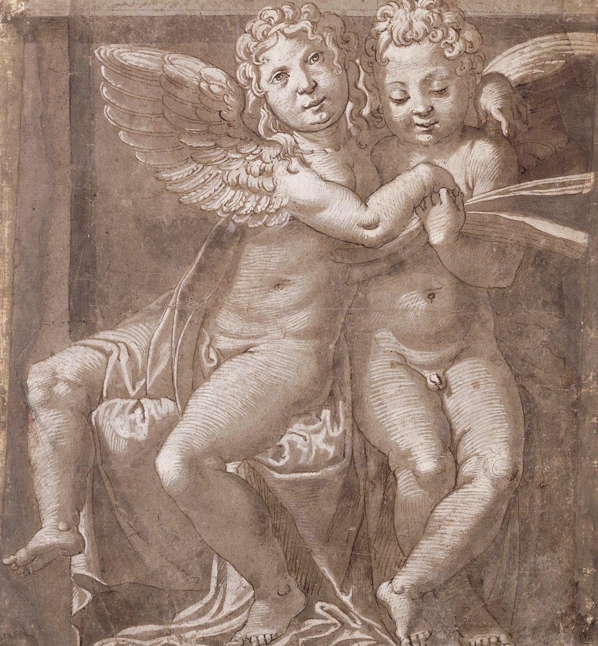 Två sittande änglar som sjunger, efter Polidoro da Caravaggio (penna och brunt bläck brun tvätt med vitt på gråblått papper) av Roman School