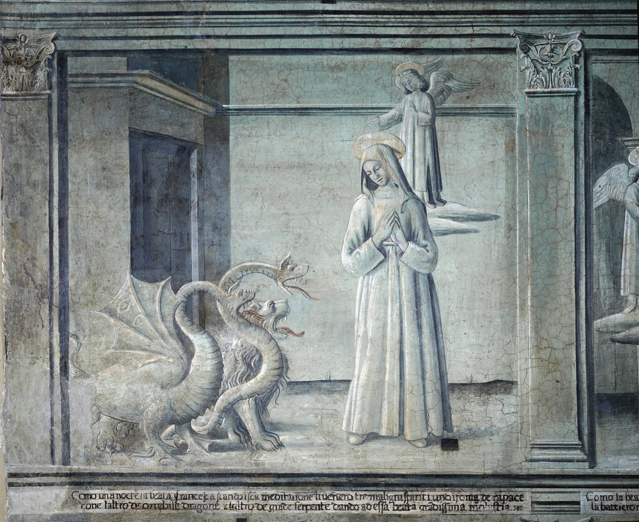 Livet av Saint Francoise Romaine, förföljd av demoner i form av monster, från den romerska skolan av Roman School