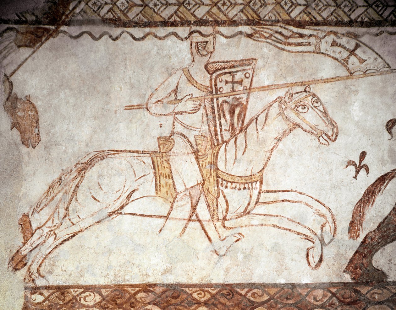 Korståg: Riddare av Tempelherreorden. Romansk konst. fresk av kapellet i Cressac (Cressac-Saint-Genis en Charente) av Romanesque