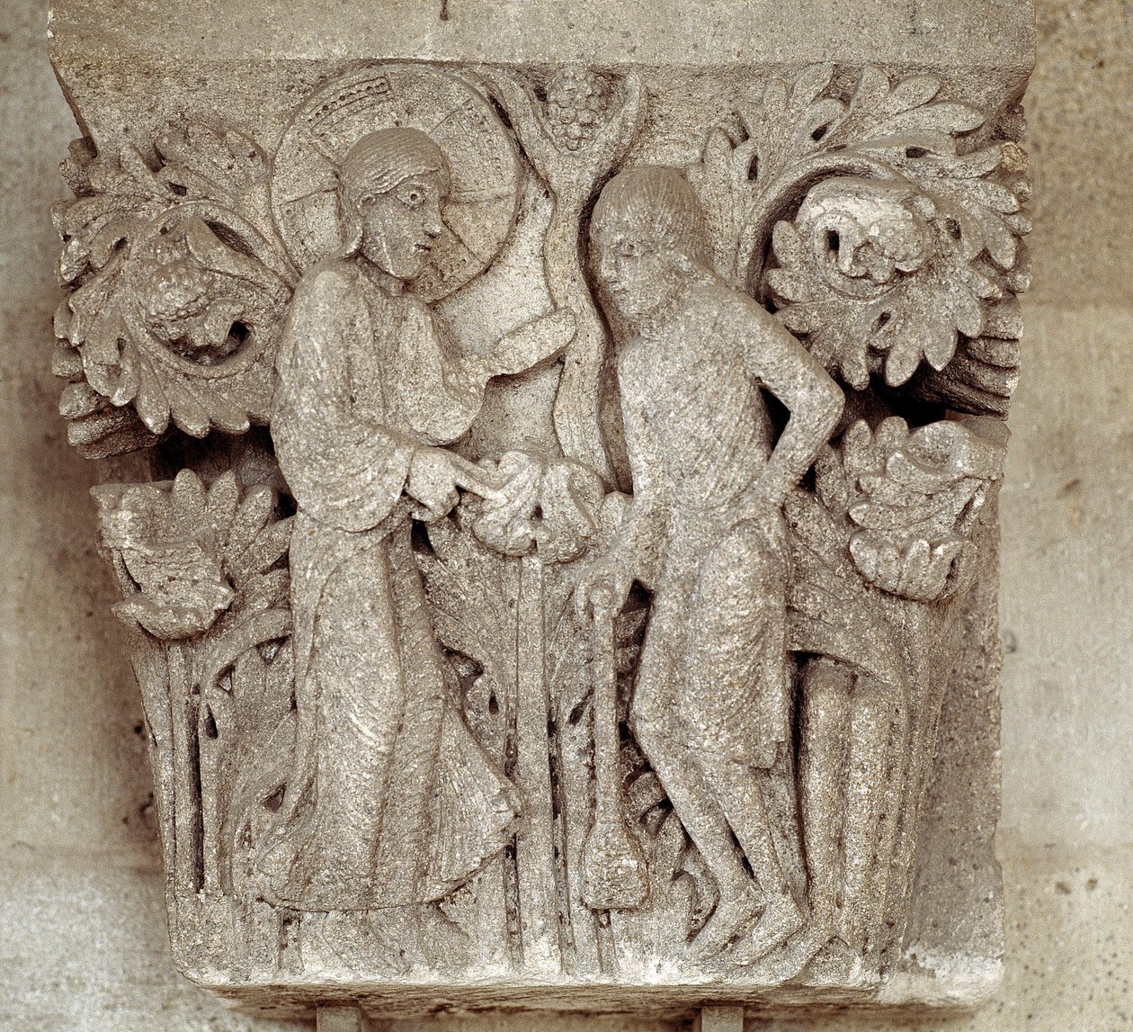 Gud och Kain (ristad huvudstad) av Romanesque
