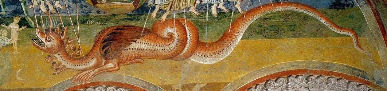 Representation av apokalypsen. Detalj som visar monstret med sju huvuden, genomborrat av änglars pilar av Romanesque