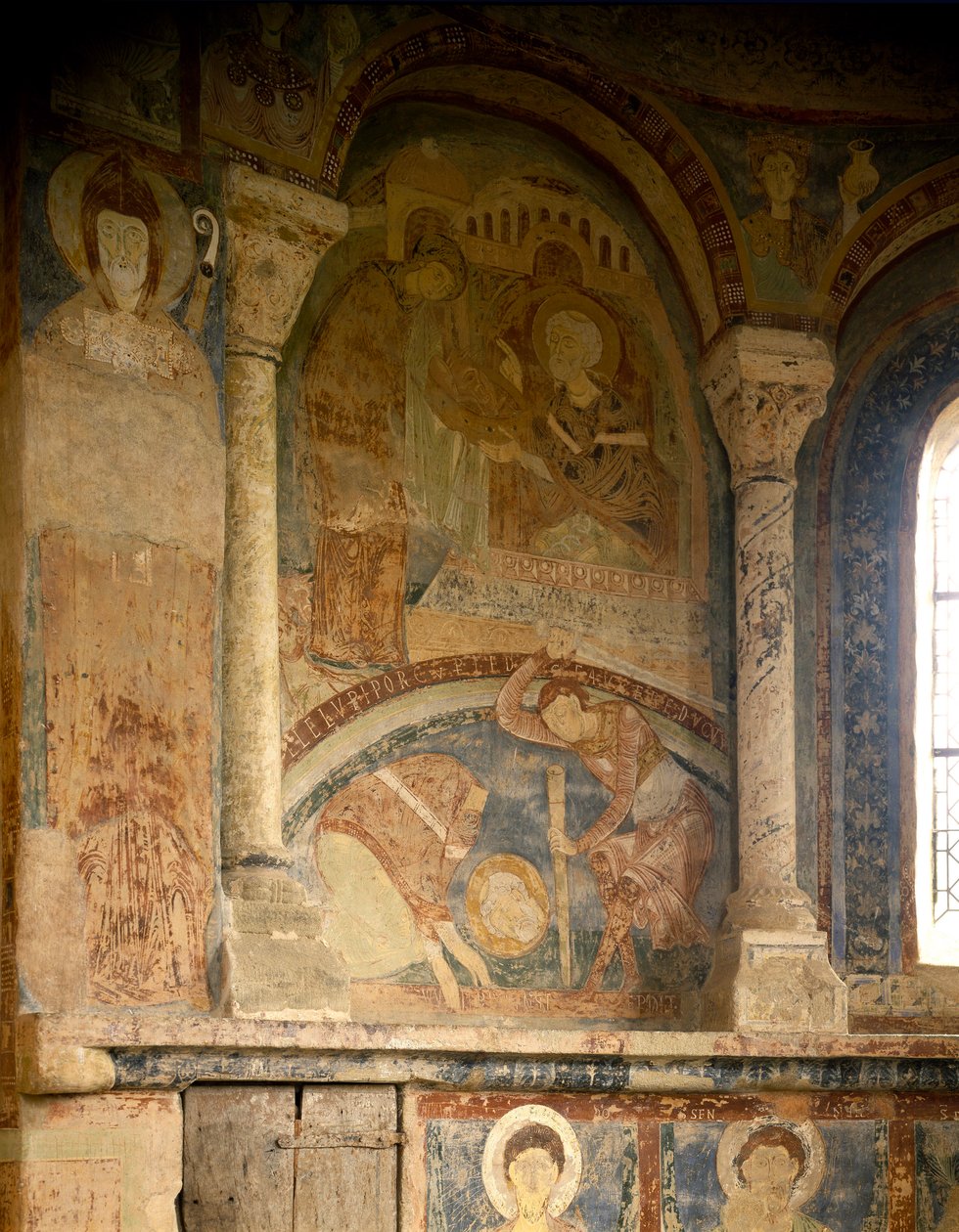Romansk konst: Målning föreställande Saint Laurents martyr (1103-1130). Fresk. Chapel of the Chateau des Moines, Berze la Ville (Berze-la-Ville i Saone och Loire, Bourgogne), Frankrike. av Romanesque