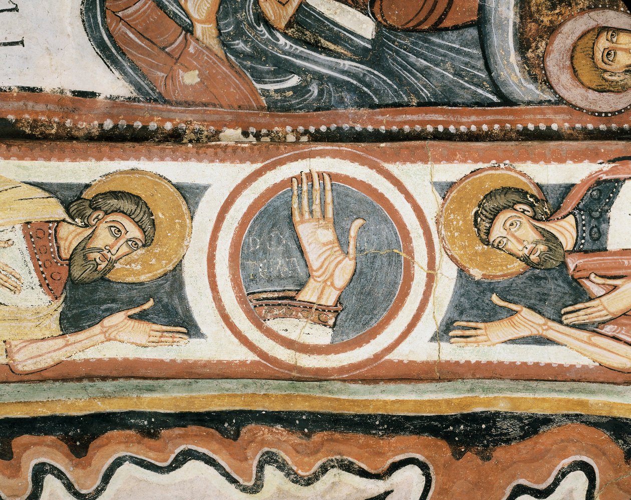 Romansk konst: "" Guds högra hand och patriarkerna Elia och Henoch (eller Enok). Detalj. Fresk av Leons skola (Spanien). 1132. Sanctuary of the Virgin of the Virgin del Camin av Romanesque