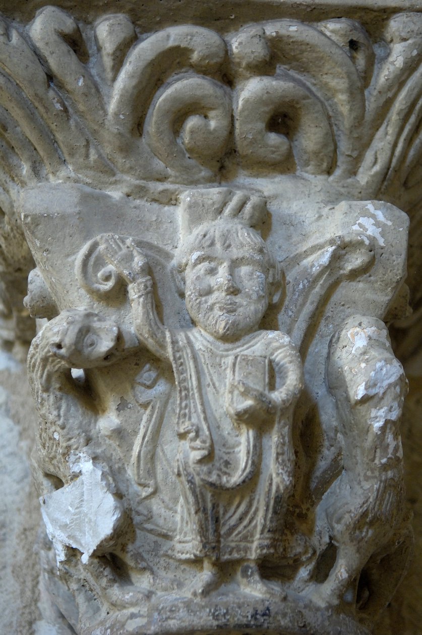 Romansk konst: detalj av en huvudstad i kyrkan Saint Blaise, Lacommande (Atlantiska Pyrenéerna) av Romanesque