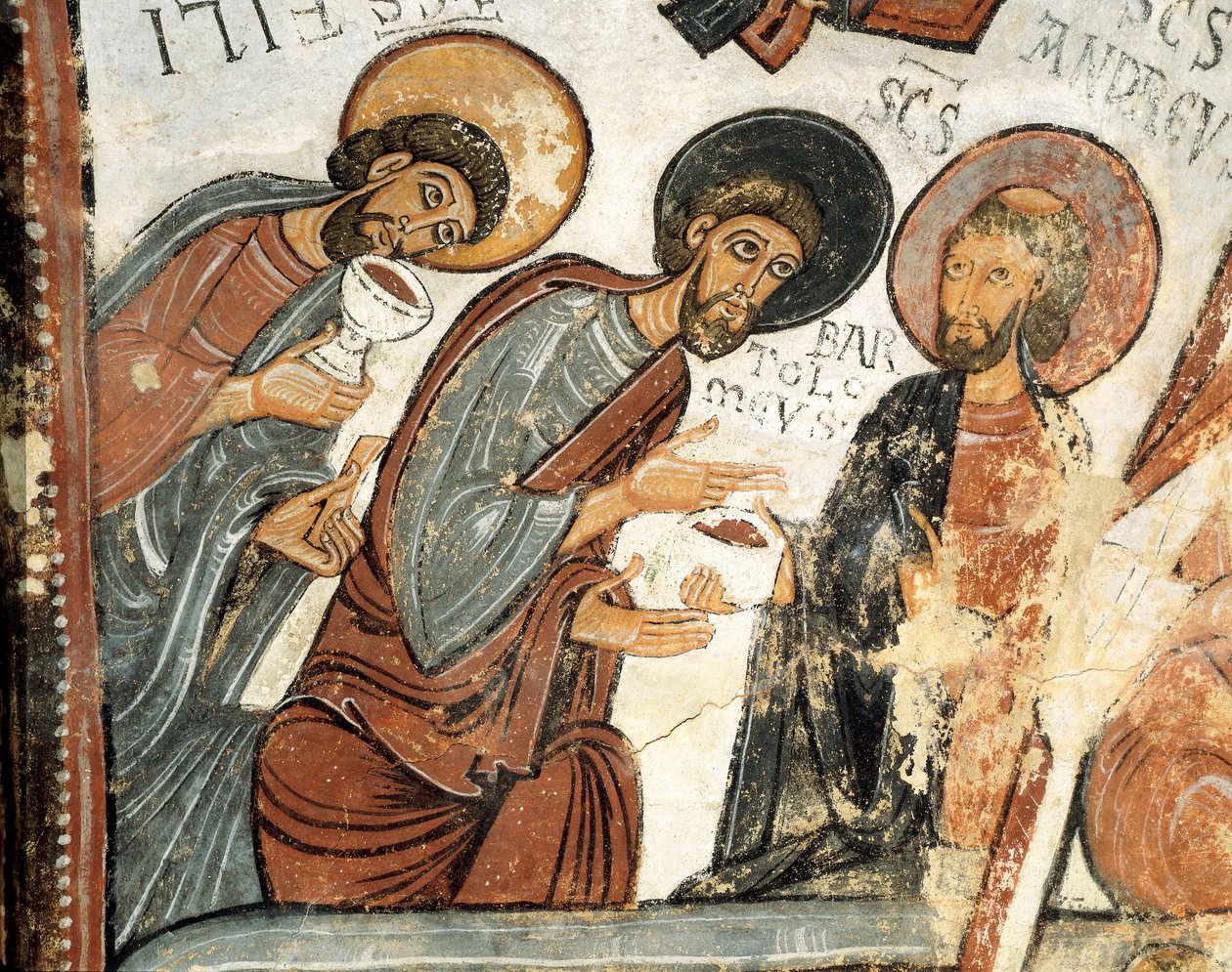 Romansk konst: "" apostlarna Philip, Barthelemy och Andre "" Fresco of the Vote of the Cene, Church of St. Isidore 12th century Real Colegiata of San Isidoro, Leon av Romanesque