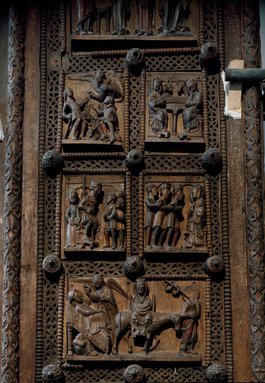 Romansk konst: trädörr från mitten av 1100-talet av kyrkan St. Mary of the Capitol i Köln, Tyskland (Sankt Maria im Kapitol, Köln). Scener som skildrar tillkännagivandet till herdarna, födelsen, tillbedjan av magiker och av Romanesque