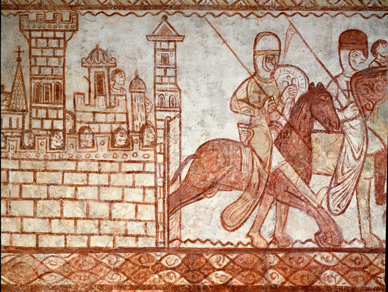 Belägringen av Damaskus (detalj av fresken av Tempelkapellet i Cressac Saint Genis) av Romanesque