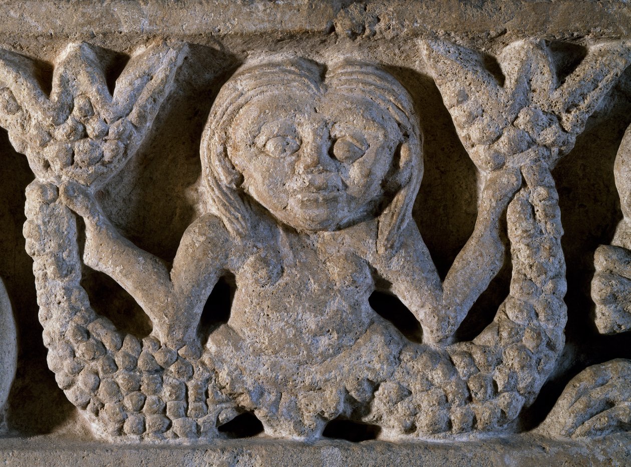 Tvåsvansad sjöjungfru, detalj från romansk fris, Italien av Romanesque