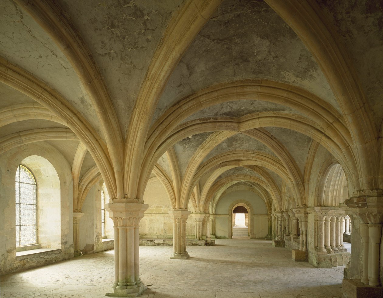 Utsikt över scriptoriet, mötesplatsen för samhället, cistercienserklostret grundat på 1100-talet. Fontenay, Guldkusten av Romanesque