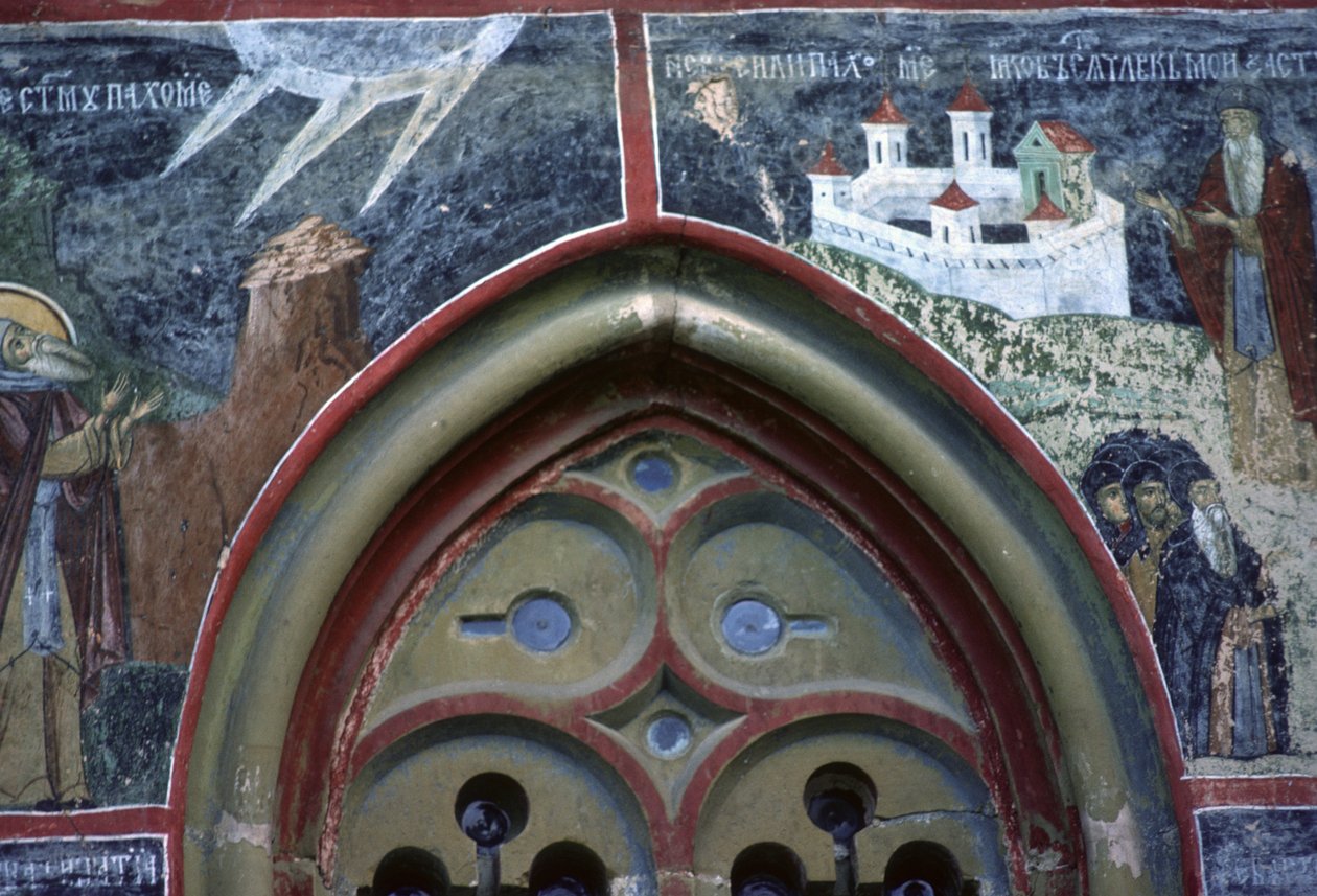 Gotiskt fönster och St Pachomius liv, från kyrkans norra vägg, ca 1601 av Romanian School