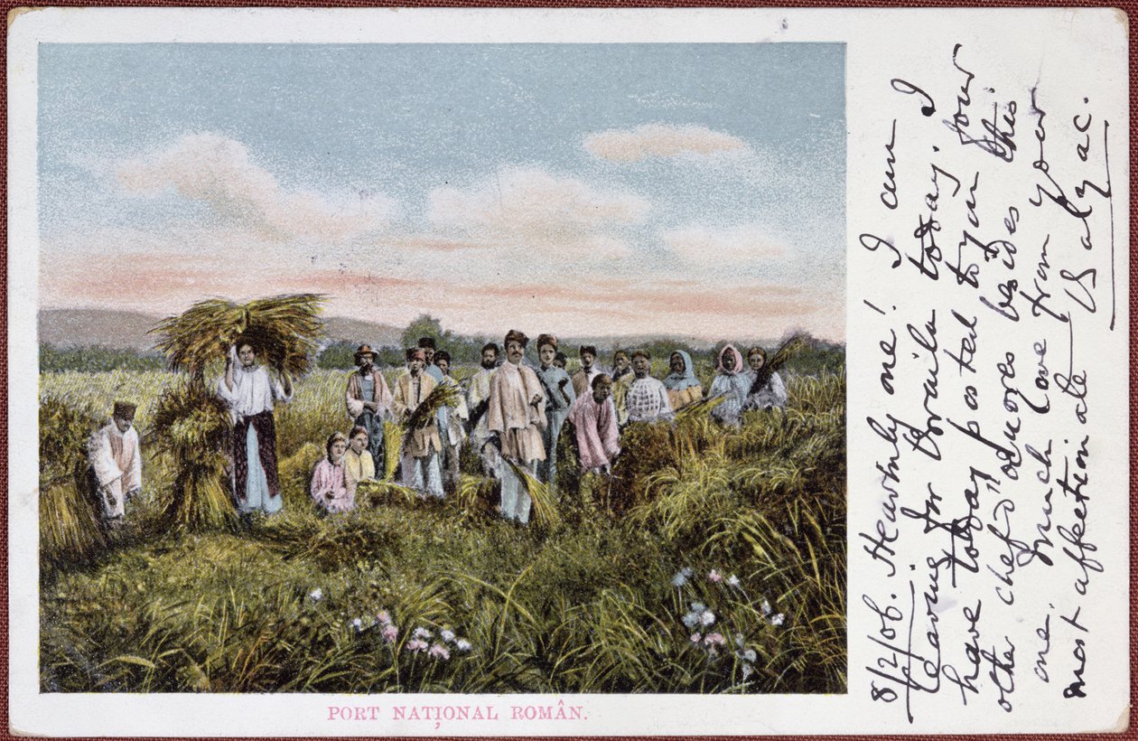 Vykort som visar rumänska bönders skörd, 1906 av Romanian School