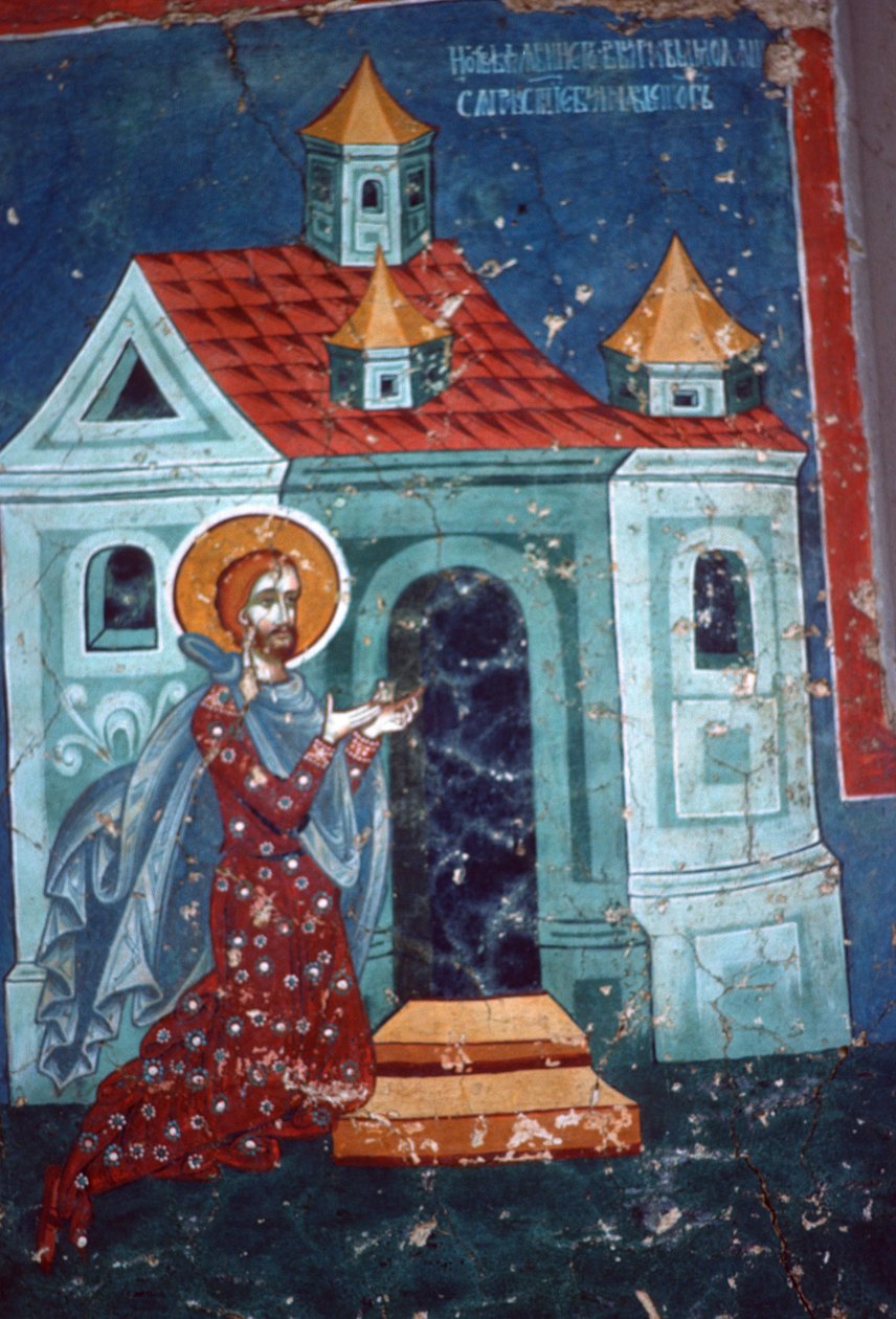 St. Nicetas ber framför en kyrka av Romanian School