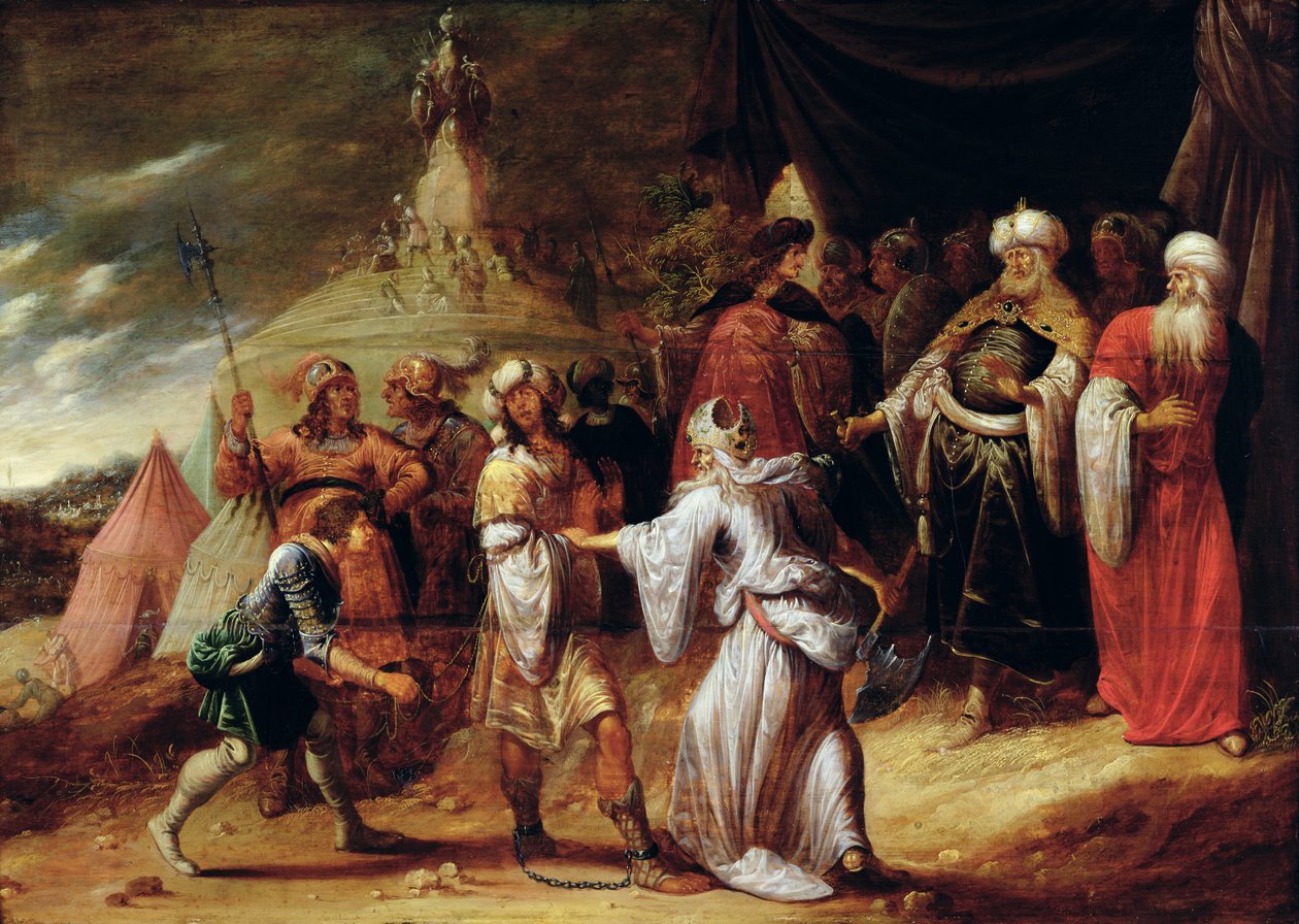 Samuel dödar Agag, amalekiternas kung (olja på panel) av Rombout van Troyen