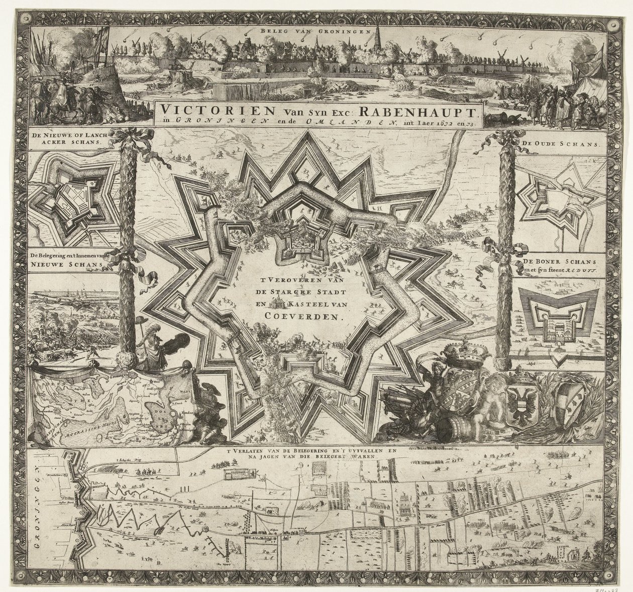Rabenhaupts segrar i Groningen åren 1672-1673 Viktoriansk skåpbil syn ex. Rabenhaupt, i Groningen och Omlanden, int iaer 1672 och 73 (titel på objekt) av Romeyn de Hooghe (attributed to)