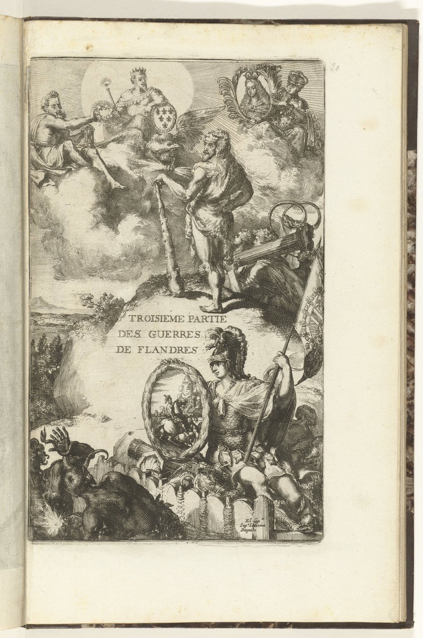 Titeltryck för tredje delen av Guerres de Flandres Troisieme partie des Guerres de Flandres (titel på objekt) Guerres de Flandres (serietitel) av Romeyn de Hooghe (attributed to)