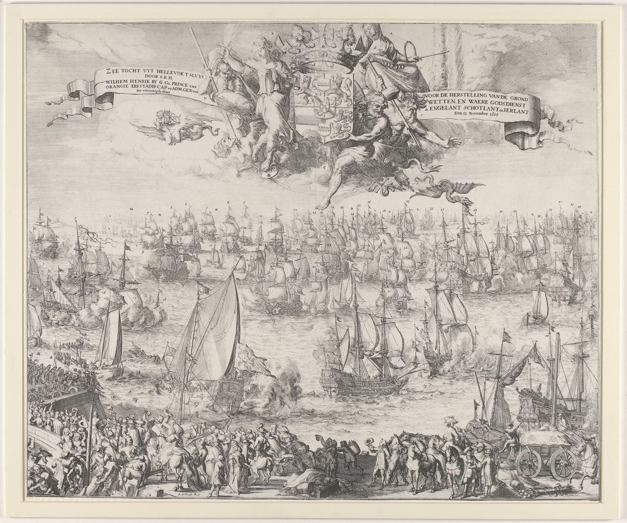 Vilhelm III:s resa till England, 1688 Sea Tour från Hellevoet Sluys av S.K.H. Wilhelm Henrik Av G. Ga. Prins av Orangeie Erfstadh. keps. och Adm. Gen. van The United States / För återställandet av konstitutionerna och sann religion i Engelant Sch av Romeyn de Hooghe (attributed to workshop of)