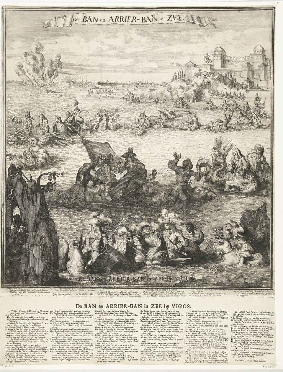 Tecknad film om intagandet av silverflottan i Vigo, 1702 Förbudet och ankomstförbudet i havet (titel på objektet) Förbudet och ankomstförbudet i havet vid Vigos (titel på objektet) av Romeyn de Hooghe (possibly)