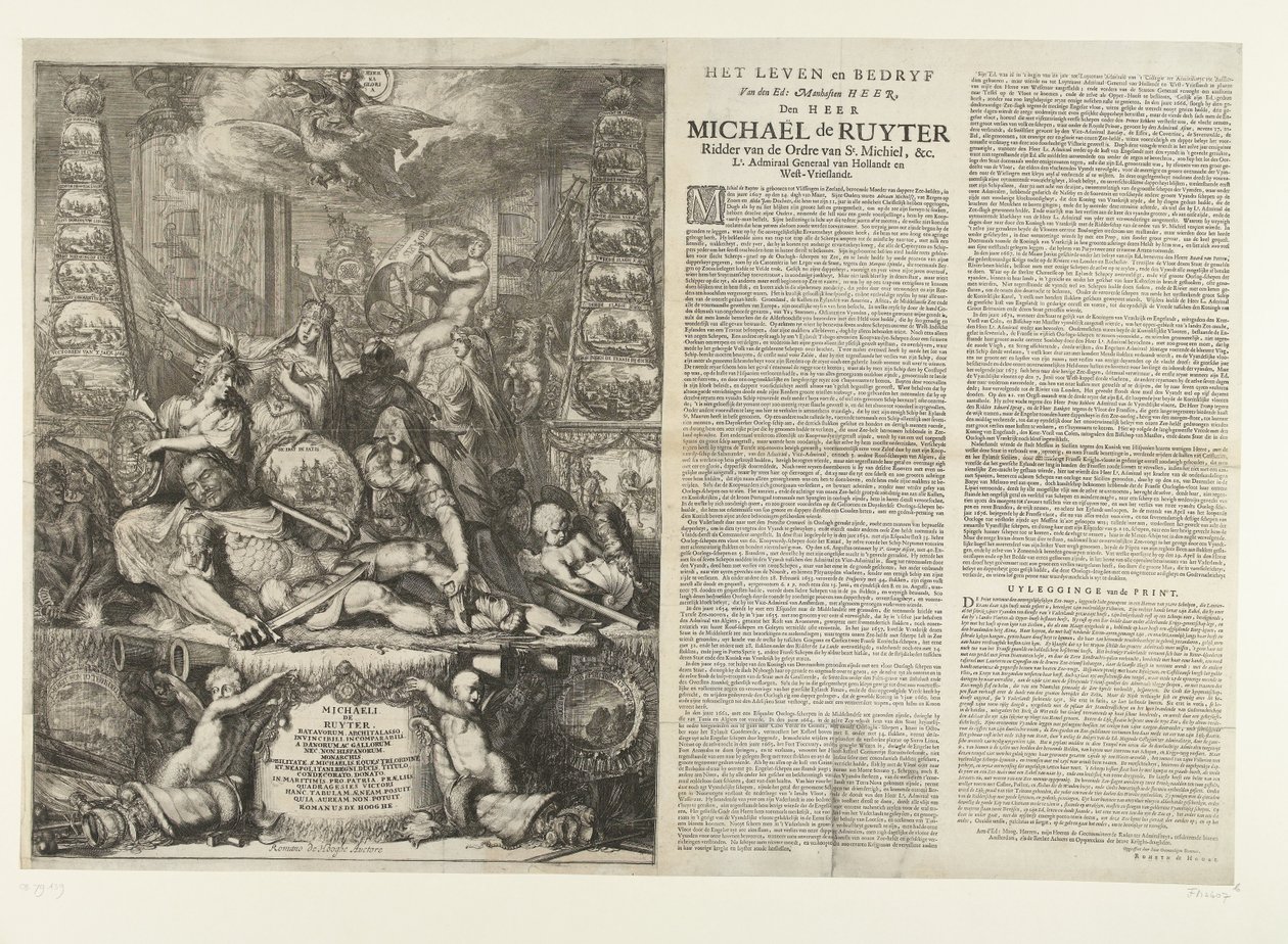 Allegori över Michiel de Ruyters död, 1676 The Life and Business of the Ed: Manhaften Heer, Den Heer Michaël de Ruyter Riddare av St. Michiels orden, etc. Lt. Generaladmiral van Hollandt och West-Vrieslandt (titel på objekt) av Romeyn de Hooghe