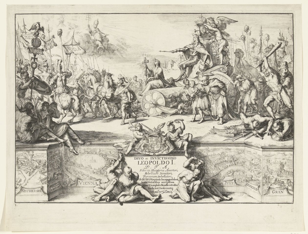 Allegori om Leopold I:s segrar Divo et invictissimo Leopoldo I (titel på objekt) Leopold I:s intåg i Bryssel efter att ha besegrat turkarna, 1686 (serietitel) av Romeyn de Hooghe