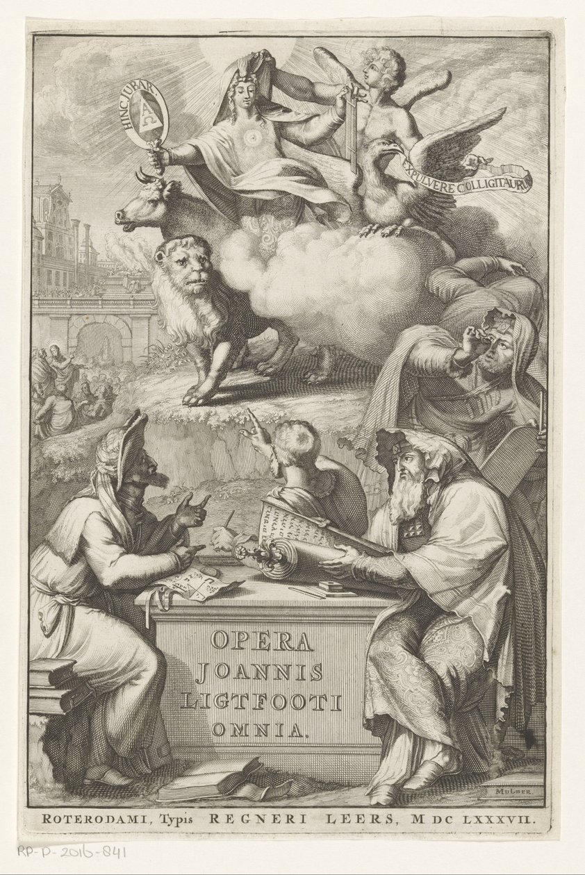 Allegorisk figur med judisk man Titelsida för: John Lightfoot, Opera Joannis Ligtfooti omnia, 1686 av Romeyn de Hooghe