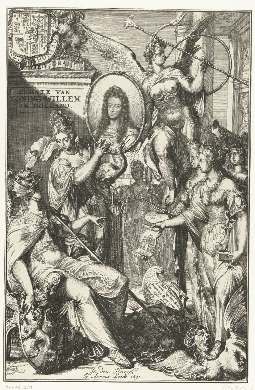 Allegorisk frontispice med porträtt av Vilhelm III Kung Williams ankomst till Holland (titel på objektet) av Romeyn de Hooghe