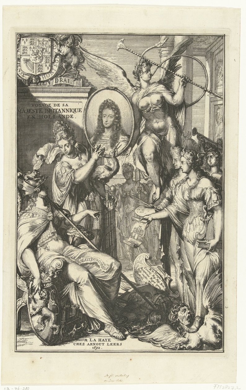 Allegorisk frontispice med porträtt av Vilhelm III Voyage de sa Majeste Britannique en Hollande (titel på objekt) av Romeyn de Hooghe