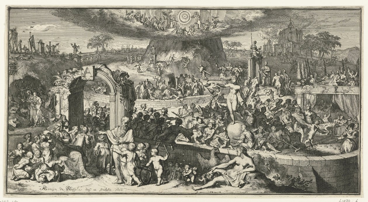 Allegorisk framställning med Tabula Cebetis av Romeyn de Hooghe