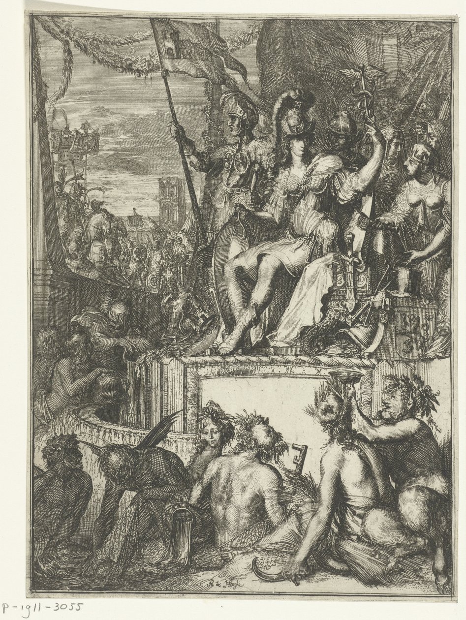 Allegorisk representation av (sjö)handel Samling av historiska och allegoriska tryck. 11 stycken av Romeyn de Hooghe